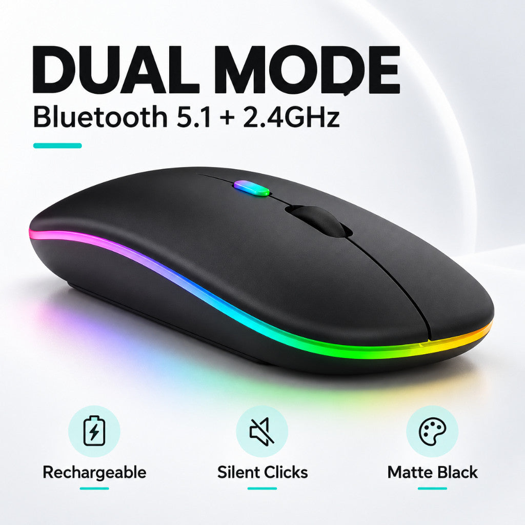 Wireless Bluetooth Mouse Dual Mode 2.4G + Bluetooth | Rechargeable Type-C | Silent Click | LED Light | Matte Black
