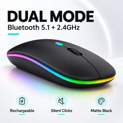 Wireless Bluetooth Mouse Dual Mode 2.4G + Bluetooth | Rechargeable Type-C | Silent Click | LED Light | Matte Black